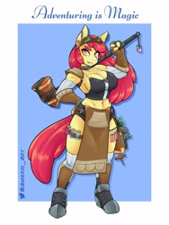 Size: 3072x4096 | Tagged: safe, artist:ambris, derpibooru import, apple bloom, anthro, earth pony, unguligrade anthro, adventuring is magic, apple bloomed, artificer, belt, big breasts, breasts, chains, cleavage, clothes, dungeons and dragons, ear piercing, earring, fantasy class, female, fingerless gloves, gloves, goggles, hammer, herbs, jewelry, kneesocks, makeup, mare, midriff, muscles, muscular female, older, older apple bloom, pen and paper rpg, piercing, potions, ring, rpg, sabaton (armor), shirt, shoulder pads, socks, solo, stockings, thigh highs, wrench