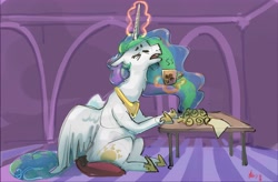 Size: 4096x2682 | Tagged: safe, artist:alumx, derpibooru import, princess celestia, alicorn, pony, coffee mug, female, levitation, magic, mare, mug, sitting, solo, telekinesis