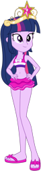 Size: 588x2426 | Tagged: safe, artist:fireluigi29, derpibooru import, twilight sparkle, equestria girls, belly button, big crown thingy, clothes, element of magic, female, hand on hip, jewelry, regalia, sandals, simple background, solo, swimsuit, transparent background