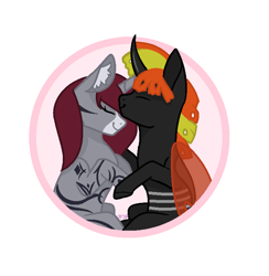 Size: 742x759 | Tagged: safe, artist:kapai882, artist:kathe, derpibooru import, edit, oc, oc only, oc:fire heart/passion blaze, oc:selune darkeye, changeling, unicorn, changeling oc, circle background, coat markings, ear fluff, ears, facial markings, happy, horn, nuzzling, oc x oc, orange changeling, pony oc, shipping, signature, simple background, smiling, snip (coat marking), unicorn oc, white background