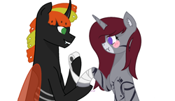 Size: 1328x768 | Tagged: safe, artist:kapai882, artist:kathe, derpibooru import, oc, oc only, oc:fire heart/passion blaze, oc:selune darkeye, changeling, unicorn, bandage, bandaged leg, blushing, changeling oc, coat markings, ear fluff, ears, facial markings, green eyes, happy, horn, oc x oc, orange changeling, pony oc, purple eyes, shipping, signature, simple background, smiling, snip (coat marking), unicorn oc, white background