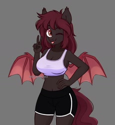 Size: 1300x1406 | Tagged: safe, artist:handgunboi, derpibooru import, oc, oc only, anthro, bat pony, ;p, anthro oc, bat pony oc, breasts, clothes, commission, female, gray background, mare, midriff, one eye closed, peace sign, shorts, simple background, solo, tongue, tongue out