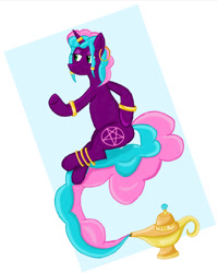 Size: 1024x1280 | Tagged: safe, artist:boteusz, derpibooru import, oc, oc only, oc:jinx, genie pony, pony, unicorn, bracelet, ear piercing, earring, female, floating, genie, horn, horn ring, jewelry, lidded eyes, magic lamp, mare, pentagram, piercing, ring, smiling, solo, unicorn oc