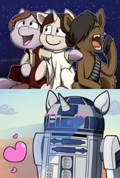 Size: 735x1088 | Tagged: safe, artist:midnightpremiere, derpibooru import, earth pony, pony, robot, unicorn, astromech droid, blushing, chewbacca, fangs, female, han solo, heart, male, mare, open mouth, open smile, ponified, princess leia, projector, r2-d2, rule 85, smiling, stallion, star wars, yawn