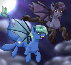 Size: 2200x2000 | Tagged: safe, artist:novaspark, derpibooru import, oc, oc only, oc:nova spark, oc:nyn indigo, bat pony, monster pony, original species, tatzlpony, timber wolf, bat ponified, flying, night, race swap