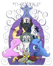 Size: 3150x3870 | Tagged: safe, artist:underwoodart, derpibooru import, discord, nightmare moon, princess celestia, princess luna, star swirl the bearded, oc, oc:cosmos sol, oc:faust dreamscape, alicorn, unicorn, castle, cover art, eyes closed, female, gem, hat, magic mirror, male, mare, mirror, moon, pink-mane celestia, poster, s1 luna, simple background, sparkles, stallion, stubble, swirls, text, the tale of two sisters, title, transparent background, wizard hat