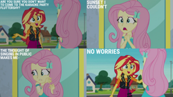 Size: 1280x720 | Tagged: safe, derpibooru import, edit, edited screencap, editor:quoterific, screencap, fluttershy, sunset shimmer, better together, equestria girls, so much more to me, clothes, cutie mark on clothes, duo, duo female, female, geode of empathy, geode of fauna, hairpin, jewelry, leather, leather vest, magical geodes, necklace, open mouth, open smile, smiling, text, vest