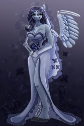 Size: 1365x2048 | Tagged: safe, artist:unfinishedheckery, derpibooru import, anthro, pegasus, pony, undead, unguligrade anthro, bone, breasts, clothes, corpse bride, crossover, digital art, dress, female, flower, ponified, skeleton, solo, spread wings, tail, thighs, wedding dress, wide hips, wings