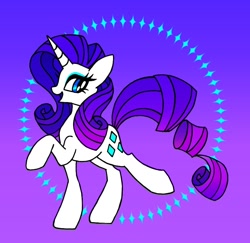 Size: 876x850 | Tagged: safe, artist:stacy_165cut, derpibooru import, rarity, pony, unicorn, blue background, female, gradient background, horn, looking at you, mare, profile, purple background, raised hoof, raised leg, simple background, solo