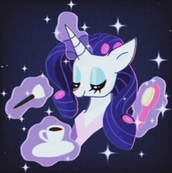 Size: 849x854 | Tagged: safe, artist:stacy_165cut, derpibooru import, rarity, pony, unicorn, brush, bust, cup, dark background, drink, eyes closed, female, glowing, glowing horn, hairbrush, horn, magic, magic aura, mare, plate, solo, telekinesis