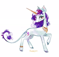 Size: 2048x1952 | Tagged: safe, artist:lutraviolet, derpibooru import, rarity, pony, unicorn, alternate design, bracelet, female, horn, jewelry, leonine tail, long horn, necklace, simple background, solo, tail, white background