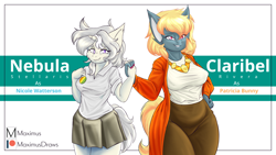 Size: 3840x2160 | Tagged: safe, artist:maximus, derpibooru import, oc, oc only, oc:claribel rivera, oc:nebula stellaris, anthro, unicorn, anthro oc, duo, duo female, female, simple background, white background