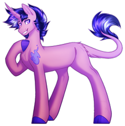 Size: 1291x1300 | Tagged: safe, artist:purplegrim40, derpibooru import, oc, oc only, pony, unicorn, colored hooves, grin, hoof on chest, horn, leonine tail, male, raised hoof, raised leg, simple background, smiling, solo, stallion, tail, transparent background, unicorn oc