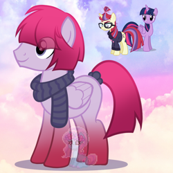 Size: 880x880 | Tagged: safe, artist:shiee-artopia223, derpibooru import, moondancer, twilight sparkle, twilight sparkle (alicorn), alicorn, pegasus, pony, unicorn, base used, clothes, eye clipping through hair, fusion, glasses, male, scarf, stallion, tail, tail wrap, wings