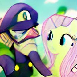 Size: 256x256 | Tagged: safe, derpibooru import, machine learning generated, fluttershy, human, pegasus, pony, artificial intelligence, crossover, dall·e mini, female, male, mare, super mario bros., waluigi