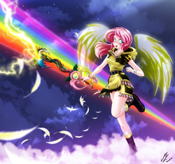 Size: 3603x3373 | Tagged: safe, artist:mauroz, derpibooru import, fluttershy, human, absurd file size, humanized, keyblade, kingdom hearts, open mouth, weapon, winged humanization, wings