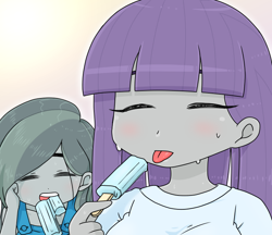 Size: 740x640 | Tagged: safe, artist:batipin, derpibooru import, marble pie, maud pie, equestria girls, equestria girls-ified, eyebrows, eyebrows visible through hair, eyes closed, food, open mouth, popsicle, sweat, tongue, tongue out