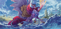 Size: 8192x4000 | Tagged: safe, artist:makkah, artist:mmgarren, artist:yuyusunshine, derpibooru import, queen novo, hippogriff, collaboration, absurd resolution, detailed, female, flying, mount aris, ocean, solo, spread wings, water, wings