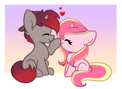 Size: 4078x2965 | Tagged: safe, artist:kittyrosie, derpibooru import, oc, oc only, oc:rosa flame, pony, unicorn, boop, cap, ear fluff, ears, eyes closed, gradient background, hat, horn, noseboop, simple background, unicorn oc