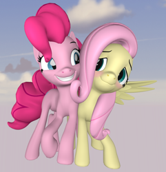 Size: 1042x1080 | Tagged: safe, derpibooru import, fluttershy, pinkie pie, earth pony, pegasus, pony, 3d, blushing, duo, duo female, female, sky, smiling, source filmmaker