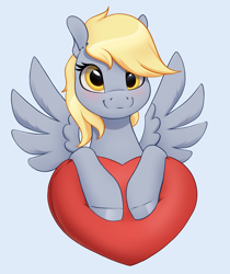 Size: 2350x2800 | Tagged: safe, artist:aquaticvibes, derpibooru import, derpy hooves, pegasus, pony, :3, blushing, cute, derpabetes, female, heart, light blue background, looking at you, mare, pillow, simple background, smiling, smiling at you, solo, spread wings, wingding eyes, wings