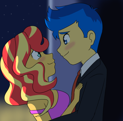 Size: 1220x1200 | Tagged: safe, artist:daichigatari, derpibooru import, flash sentry, sunset shimmer, equestria girls, blushing, dancing, female, flashimmer, male, shipping, straight