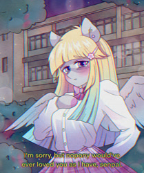 Size: 1920x2300 | Tagged: safe, artist:pierogarts, derpibooru import, oc, oc only, oc:brave jockey, anthro, pegasus, arm hooves, breasts, clothes, female, looking at you, mare, school uniform, skirt, solo, subtitles, yandere