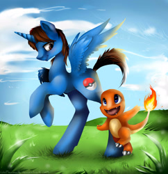 Size: 2409x2489 | Tagged: safe, artist:katemaximova, derpibooru import, oc, oc only, alicorn, pony, charmander, horn, outdoors, pokémon, spread wings, wings