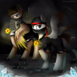 Size: 2449x2449 | Tagged: safe, artist:katemaximova, derpibooru import, oc, oc only, pegasus, pony, cave, clothes, duo, duo male, jewelry, looking at you, male, necklace, raised hoof, raised leg, spread wings, stallion, wings