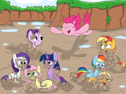 Size: 2000x1500 | Tagged: safe, artist:amateur-draw, derpibooru import, applejack, fluttershy, pinkie pie, rainbow dash, rarity, starlight glimmer, sunset shimmer, twilight sparkle, twilight sparkle (alicorn), alicorn, earth pony, pegasus, pony, unicorn, covered in mud, diving, female, international mud day2022, jumping, lying down, mane six, mare, messy mane, missing cutie mark, mud, mud bath, mud mask, mud play, mud pony, mud wrestling, muddy, muddy hooves, playing, sitting, wet and messy