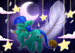 Size: 1920x1358 | Tagged: safe, artist:julunis14, derpibooru import, oc, oc only, pegasus, pony, feather, moon, sky, solo, stars