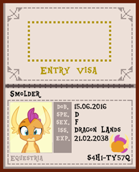 Size: 730x900 | Tagged: safe, artist:phucknuckl, artist:ponygamer2020, derpibooru import, smolder, dragon, the point of no return, arstotzka, cute, cutie mark, dragoness, female, glory to arstotzka, papers please, passport, photo, smiling, solo focus, vector