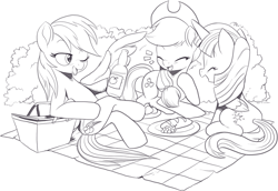 Size: 1558x1074 | Tagged: safe, artist:nauyaco, derpibooru import, applejack, rainbow dash, twilight sparkle, twilight sparkle (alicorn), alicorn, earth pony, pegasus, pony, anatomically incorrect, basket, bottle, cider, incorrect leg anatomy, monochrome, picnic basket, picnic blanket