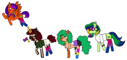 Size: 2786x1318 | Tagged: safe, artist:icicle-wicicle-1517, artist:rose-blade, color edit, derpibooru import, edit, oc, oc only, oc:figjam outback, oc:heartspring, oc:jade harmony, oc:maria potranca, earth pony, pegasus, pony, unicorn, collaboration, amputee, badge, bandana, bisexual pride flag, brazil, cape, cheek fluff, chest fluff, clothes, coat markings, colored, ear piercing, earring, female, flying, glowing, glowing horn, horn, jewelry, levitation, magic, mare, mask, mouth hold, multicolored hair, nonbinary, nonbinary pride flag, open mouth, pansexual, pansexual pride flag, piercing, pin, pride, pride flag, pride month, prosthetic leg, prosthetic limb, prosthetics, shirt, shorts, simple background, socks, striped socks, t-shirt, tanktop, telekinesis, transparent background, unshorn fetlocks, wall of tags
