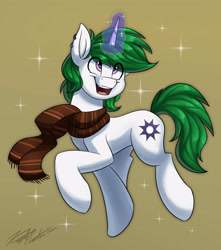 Size: 3100x3500 | Tagged: safe, artist:kaylerustone, derpibooru import, oc, oc only, oc:zenith night, pony, unicorn, clothes, looking up, open mouth, scarf, simple background, smiling, solo, striped scarf