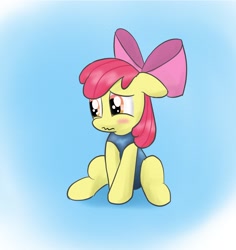 Size: 1134x1201 | Tagged: safe, artist:applebloomlove, derpibooru import, apple bloom, earth pony, pony, blushing, clothes, embarrassed, female, filly, foal, one-piece swimsuit, sitting, solo, swimsuit