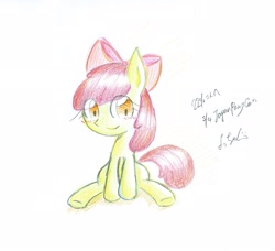 Size: 2048x1867 | Tagged: safe, artist:ya_ma_me_, derpibooru import, apple bloom, earth pony, pony, female, filly, foal, looking at you, simple background, sitting, solo, traditional art, white background