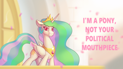 Size: 3840x2160 | Tagged: safe, artist:cocaine, edit, princess celestia, alicorn, pony, balcony, castle, crown, current events, female, jewelry, lidded eyes, looking at you, mare, petals, peytral, raised eyebrow, regalia, solo