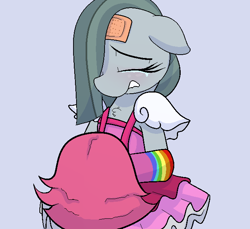 Size: 660x604 | Tagged: safe, artist:datte-before-dawn, marble pie, earth pony, pony, ace attorney, bandage, bipedal, clothes, clown, crying, drawthread, dress, ears, eyes closed, female, floppy ears, mare, simple background, solo, wig