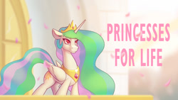 Size: 1200x675 | Tagged: safe, artist:cocaine, edit, princess celestia, alicorn, pony, balcony, castle, crown, current events, female, horn, jewelry, lidded eyes, mare, multicolored mane, multicolored tail, petals, peytral, regalia, smiling, solo, text, white coat, wings