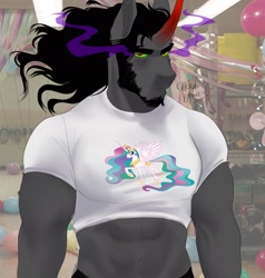Size: 1952x2048 | Tagged: safe, artist:ghoulhowls, derpibooru import, king sombra, princess celestia, anthro, unicorn, abs, beard, clothes, facial hair, ill-fitting clothes, john cena, looking at you, male, muscles, muscular male, playing with fire, shirt, signature, small clothes, solo, sombra eyes, tight clothing, unamused, wardrobe malfunction