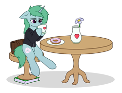 Size: 2148x1636 | Tagged: safe, artist:keupoz, derpibooru import, oc, oc only, pony, unicorn, book, chair, clothes, commission, cup, cutie mark, donut, ears, eyebrows, floppy ears, flower, food, heart, horn, plate, shadow, signature, simple background, sitting, solo, stool, suit, suitcase, table, teacup, transparent background, unicorn oc, unnamed oc, vase
