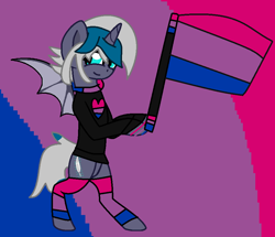 Size: 926x798 | Tagged: safe, artist:jadeharmony, artist:madzbases, derpibooru import, oc, oc only, oc:elizabat stormfeather, alicorn, bat pony, bat pony alicorn, pony, alicorn oc, base used, bat pony oc, bat wings, bipedal, bisexual pride flag, clothes, female, flag, heart, horn, mare, pride, pride flag, pride month, shirt, socks, solo, striped socks, wings