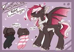 Size: 2436x1713 | Tagged: safe, artist:heart-sketch, derpibooru import, oc, oc only, oc:rossalita, bat pony, bat pony oc, bell, bell collar, butt, clothes, collar, female, plot, reference sheet, socks, solo, striped socks, tongue, tongue out