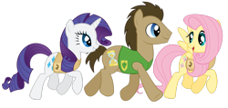 Size: 3549x1690 | Tagged: safe, artist:otfor2, derpibooru import, doctor whooves, fluttershy, rarity, earth pony, pegasus, unicorn, season 1, winter wrap up, female, male, mare, simple background, stallion, transparent background, trio, vector, winter wrap up vest