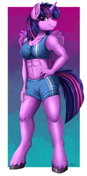 Size: 1653x3330 | Tagged: safe, artist:pridark, derpibooru import, twilight sparkle, twilight sparkle (alicorn), alicorn, anthro, unguligrade anthro, abs, clothes, female, hand on hip, hooves, looking at you, mare, short hair, shorts, solo, sports bra, sports shorts, top, unshorn fetlocks