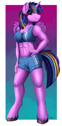 Size: 1653x3330 | Tagged: safe, alternate version, artist:pridark, derpibooru import, twilight sparkle, twilight sparkle (alicorn), alicorn, anthro, unguligrade anthro, abs, alternate universe, biceps, clothes, female, multicolored mane, muscles, muscular female, shorts, smiling, solo, sports bra, sports shorts