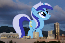 Size: 1920x1278 | Tagged: safe, artist:dashiesparkle, artist:thegiantponyfan, derpibooru import, minuette, pony, unicorn, female, giant pony, giant unicorn, giantess, hawaii, highrise ponies, honolulu, irl, macro, mare, mega giant, mega/giant minuette, photo, ponies in real life, smiling