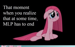 Size: 500x317 | Tagged: safe, derpibooru import, pinkie pie, earth pony, pony, artifact, black background, end of ponies, female, frown, it happened, my little brony, pinkamena diane pie, sad, simple background, slowpoke, solo, text, watermark