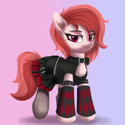 Size: 1280x1280 | Tagged: safe, artist:joaothejohn, derpibooru import, oc, earth pony, pony, clothes, collar, corset, dress, earth pony oc, goth, lidded eyes, looking at you, shocked, simple background, smiling